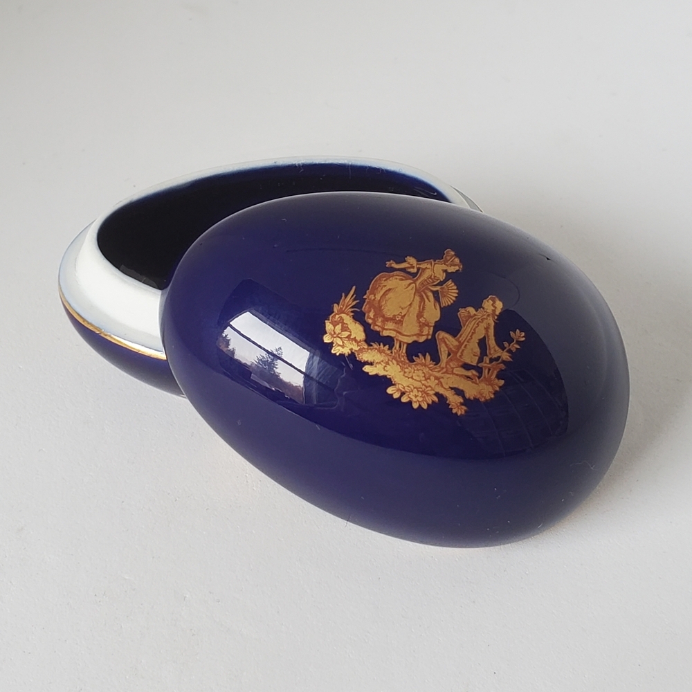 Porcelain Limoges France Cobalt Blue Gold Egg Shaped Trinket Dish w/ Lid Vintage